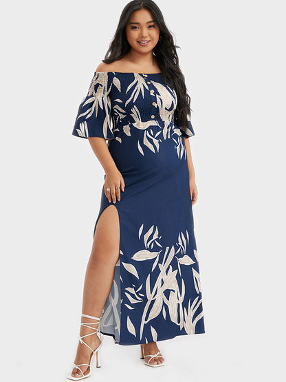 Floral Printing Split Off Shoulder Dress