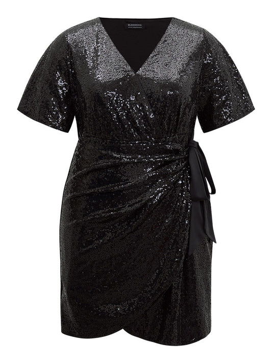 Sequin Surplice Neck Ties Bowknot Dress