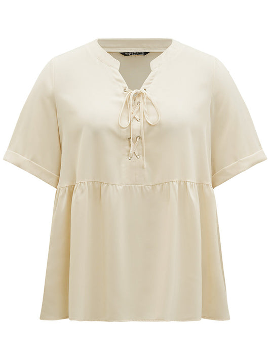 Anti-Wrinkle Lace Up Notched Gathered Blouse