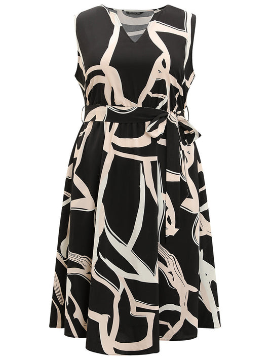 Geometric Print Pocket Notched Belted Tank Dress