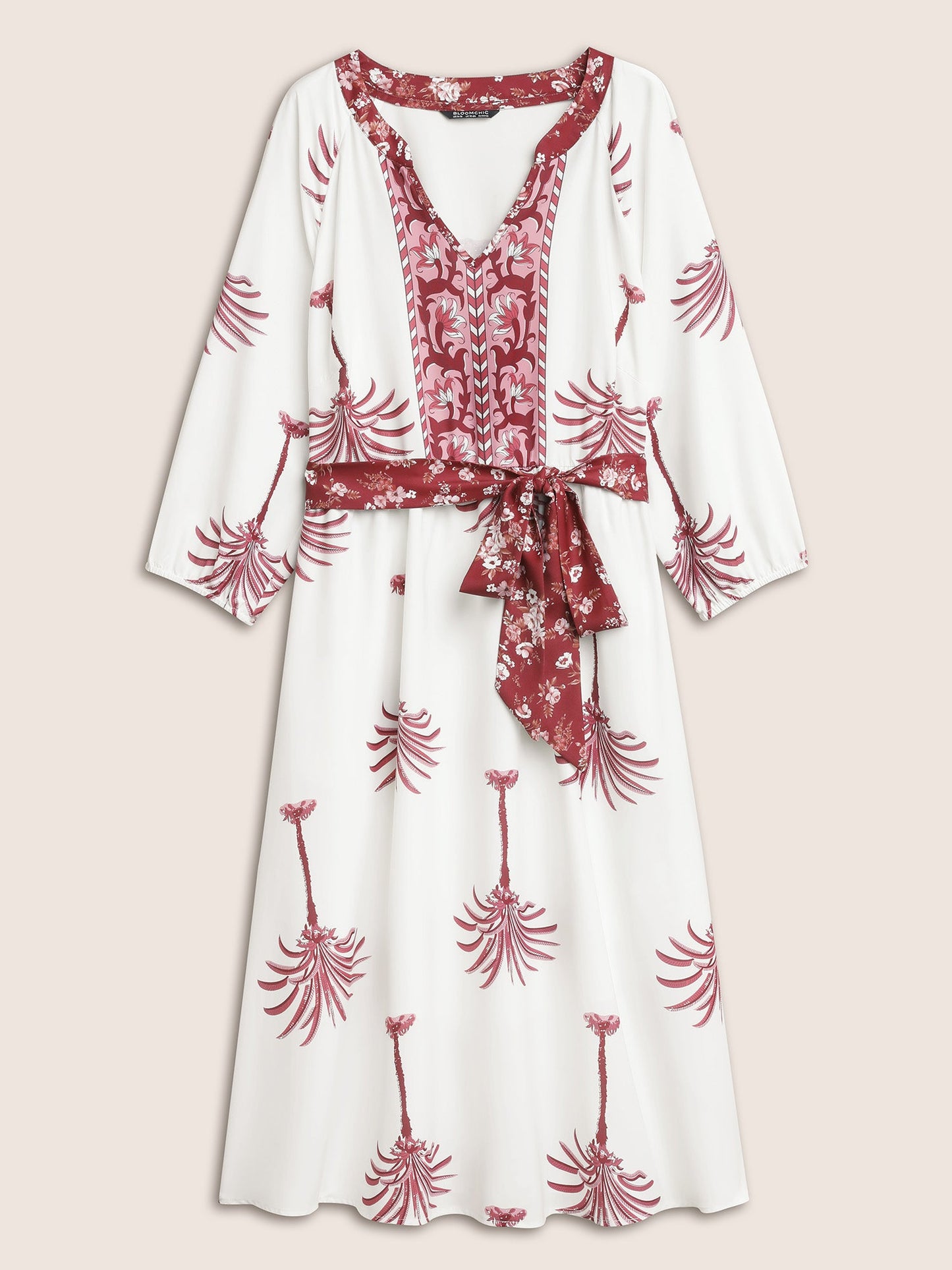Boho Print Notched Belted Gathered Lantern Sleeve Dress