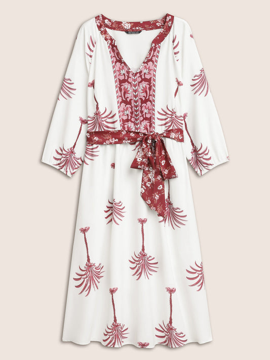 Boho Print Notched Belted Gathered Lantern Sleeve Dress