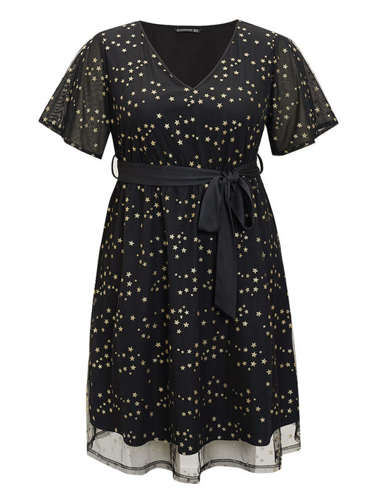 Star Embroidered Mesh Pocket Belt Ruffle Sleeve Dress