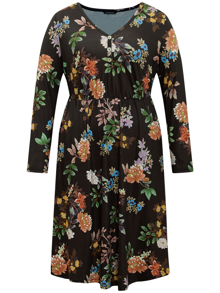 Floral Print Button Detail Long Sleeve Midi Dress