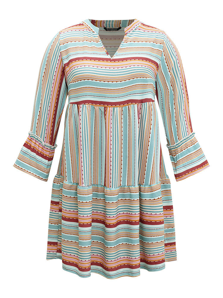 Contrast Striped Notched Layered Hem Bell Sleeve Dress