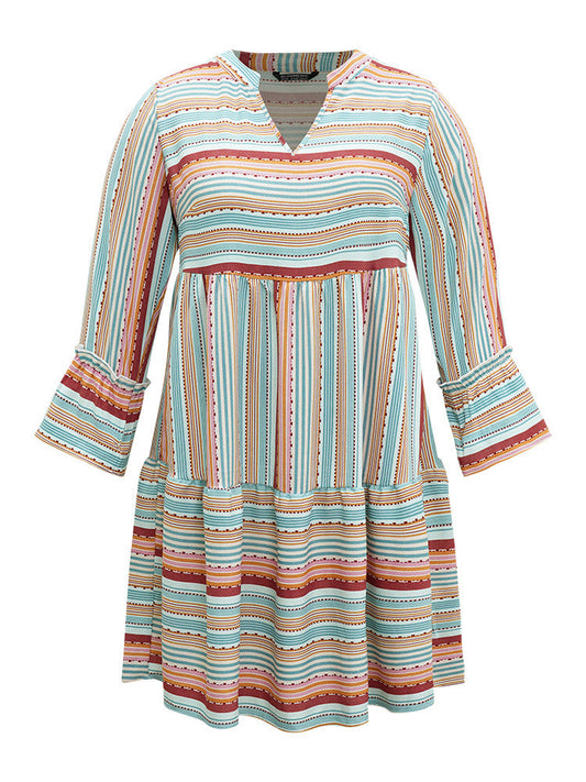 Contrast Striped Notched Layered Hem Bell Sleeve Dress