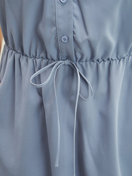 Solid Laser Cut Knotted Button Up Flutter Hem Dress