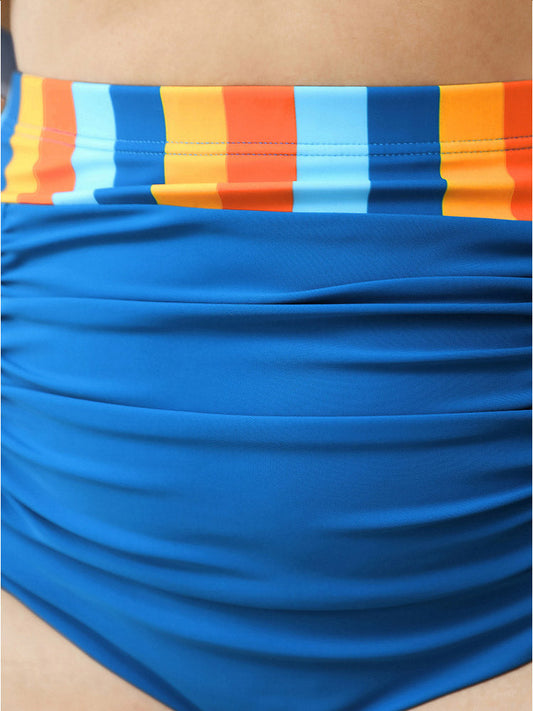 Striped Contrast Patchwork Ruched Front Bikini Bottom