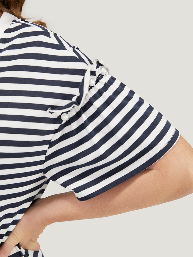 Striped Contrast Beaded Ruffle Trim Pocket Split Hem Dress