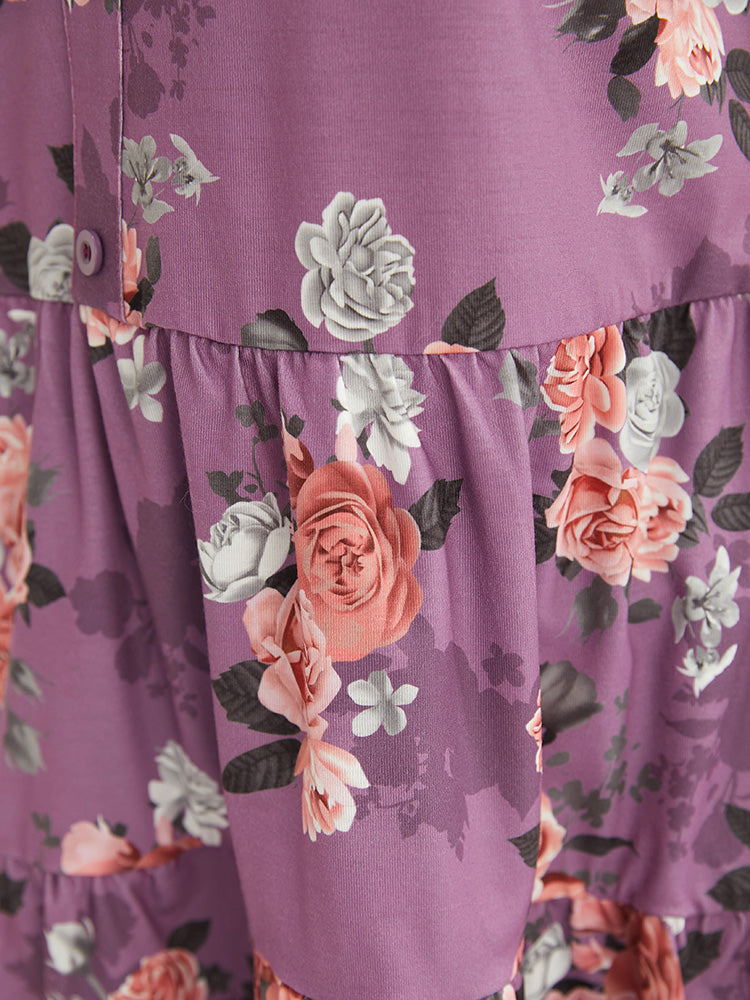 Floral Ruffle Button Detail Tiered Hem T-shirt