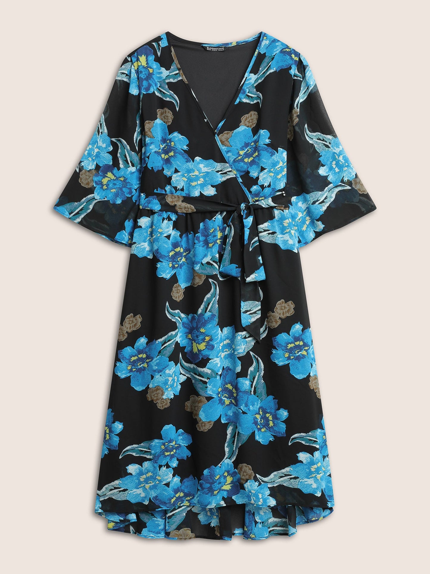 Floral Print Surplice Neck Belted Mesh Dress