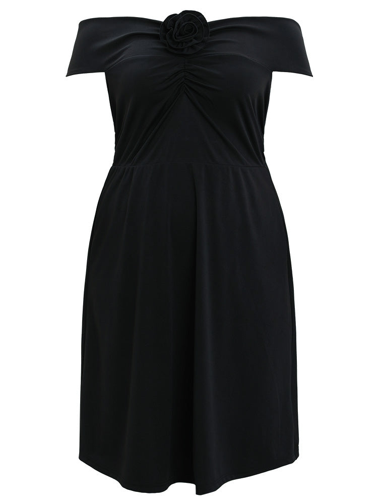 Solid Pocket Floral Detail Ruched Off Shoulder Dress