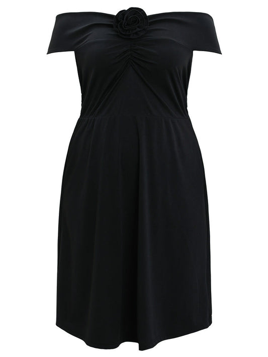 Solid Pocket Floral Detail Ruched Off Shoulder Dress