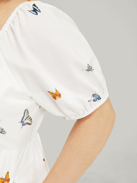 Butterfly & Floral Print Square Neck Ruffle Pocket Frill Trim Dress