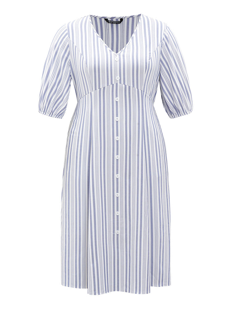 Striped Button Detail V Neck Lantern Sleeve Dress