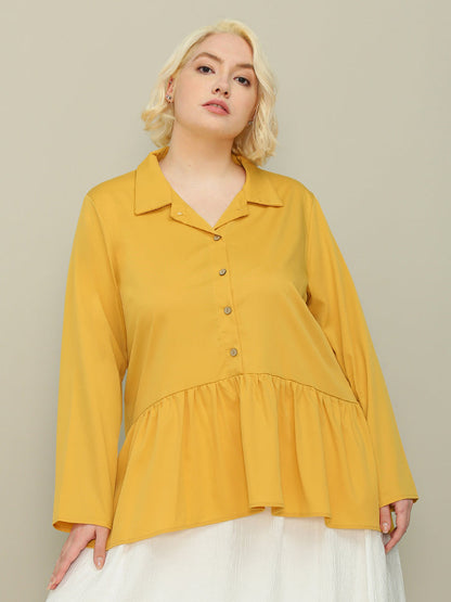 Frill Hem Lapel Collar Blouse