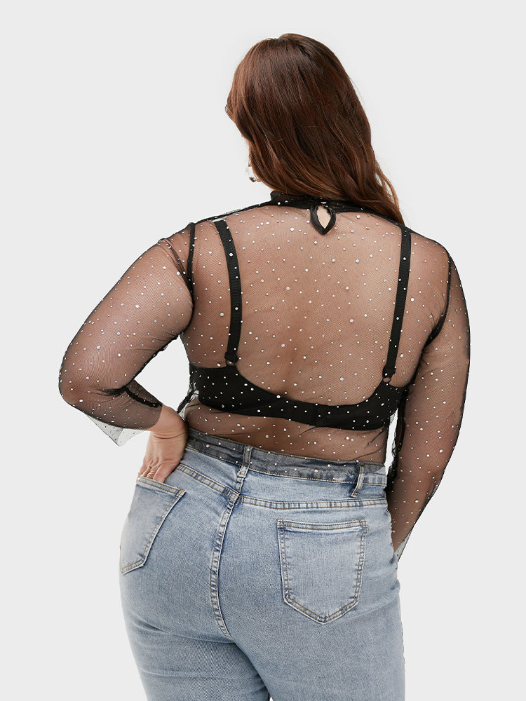 Galaxy Print Mesh Mock Neck Bodycon T-shirt