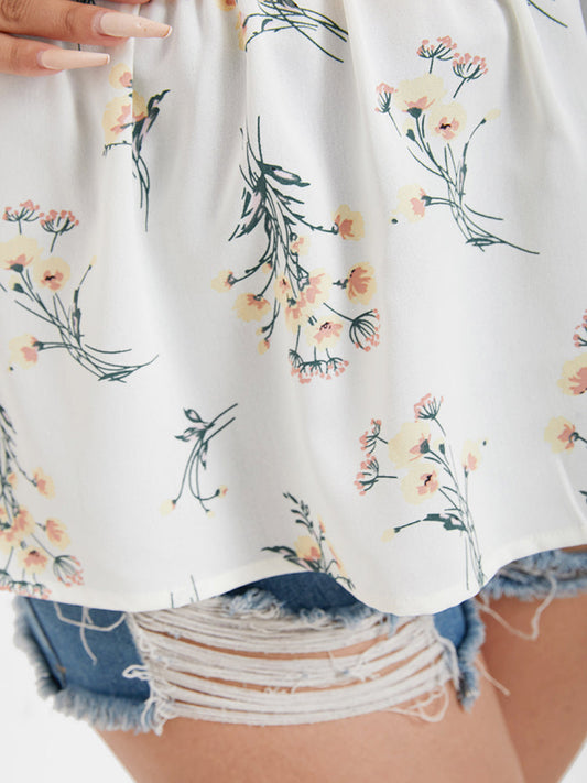 Floral Ruffles Shirred Elastic Waist Cami Top