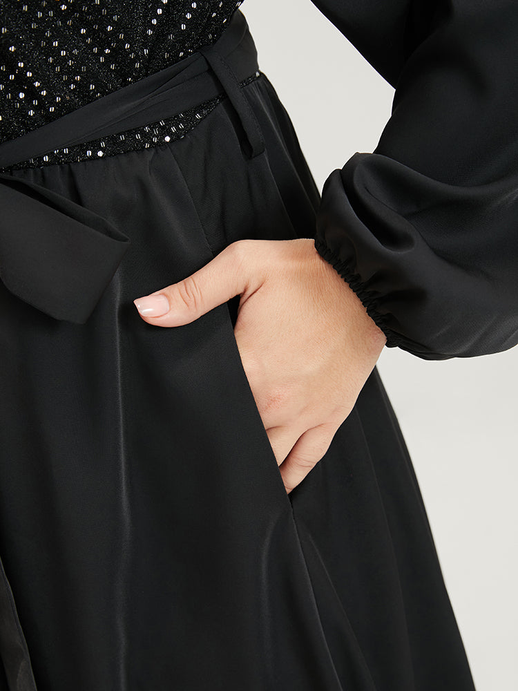 Solid Crisscross Lantern Sleeve Pocket Belted Sequin Dress