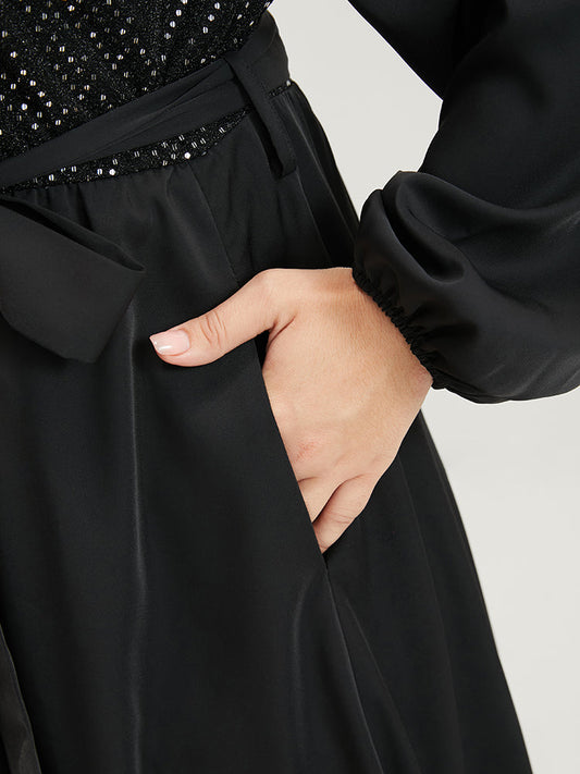 Solid Crisscross Lantern Sleeve Pocket Belted Sequin Dress