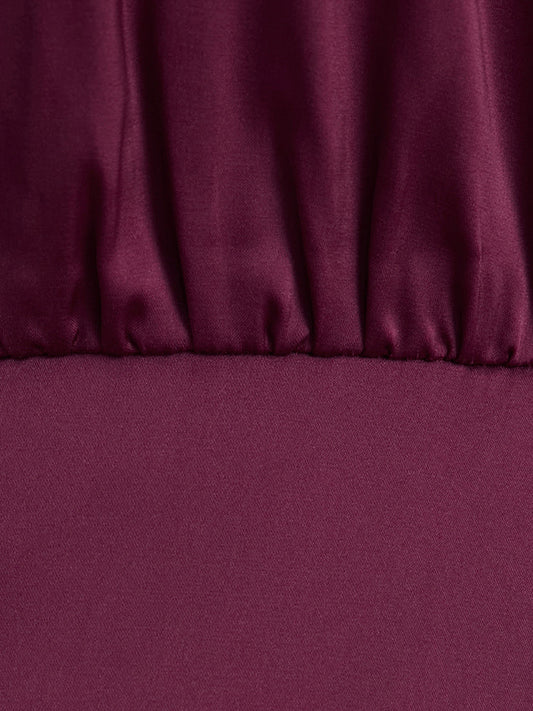 Solid Pocket Keyhole Mock Neck Satin Midi Dress