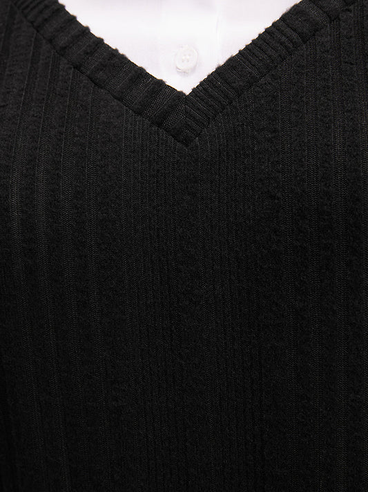 Colorblock Contrast Shirt Collar Rib Knit 2-In-1 Sweatshirt