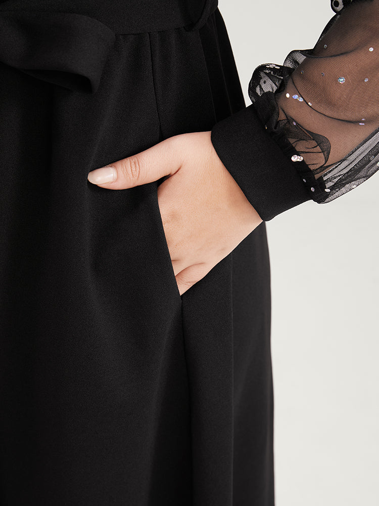 Solid Sequin Mesh Lantern Sleeve Surplice Neck Belted Dress