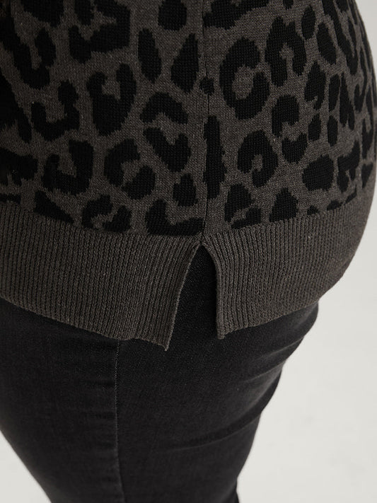 Leopard Contrast Pointelle Knit Pocket Drawstring Hooded Knit Top