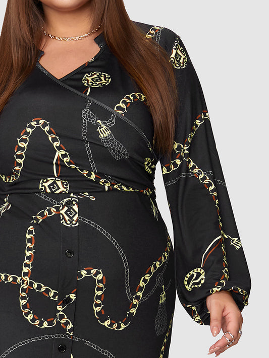 Chain Print Bell Sleeve Button Bodycon Dress