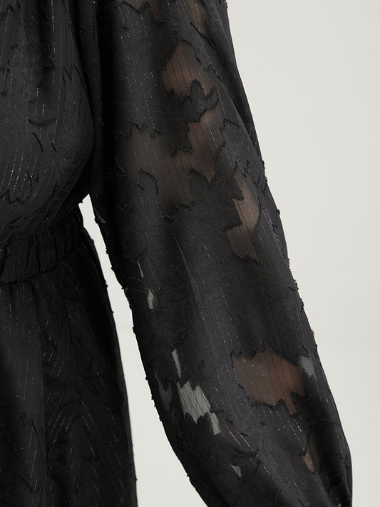 Solid Lantern Sleeve Lace Pocket Surplice Neck Dress