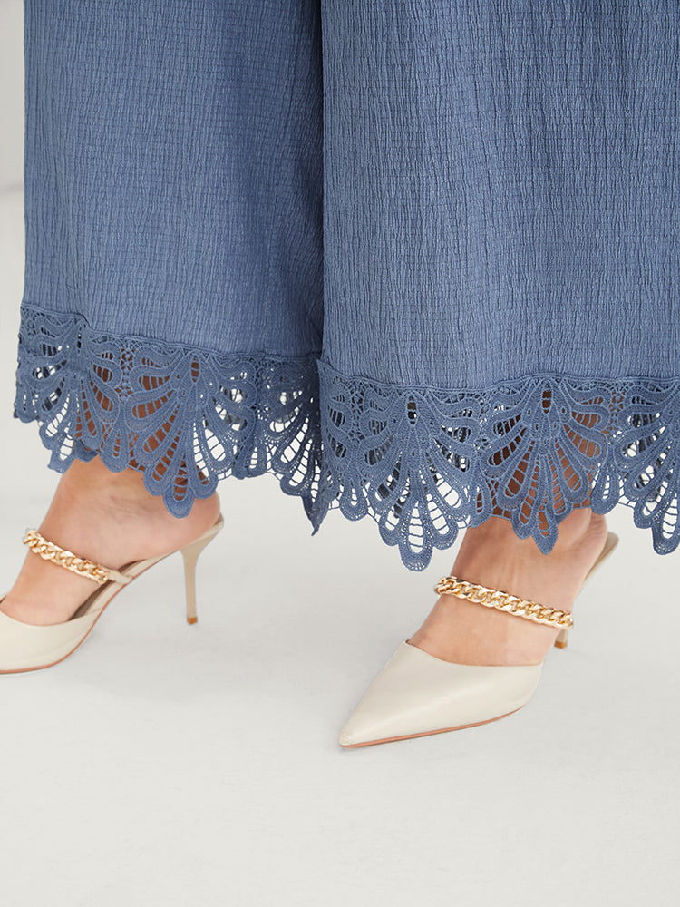 Solid Button Puff Sleeve Pocket Lace Hem Square Neck Jumpsuit