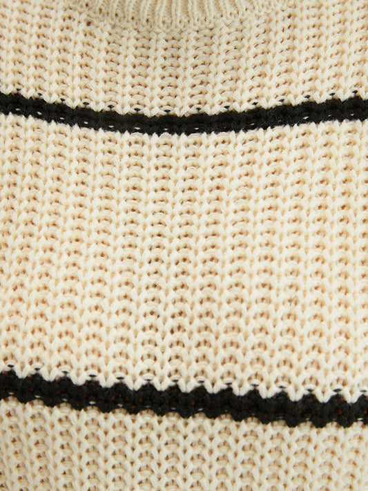 Striped Contrast Pointelle Knit Lantern Sleeve Funnel Neck Knit Top