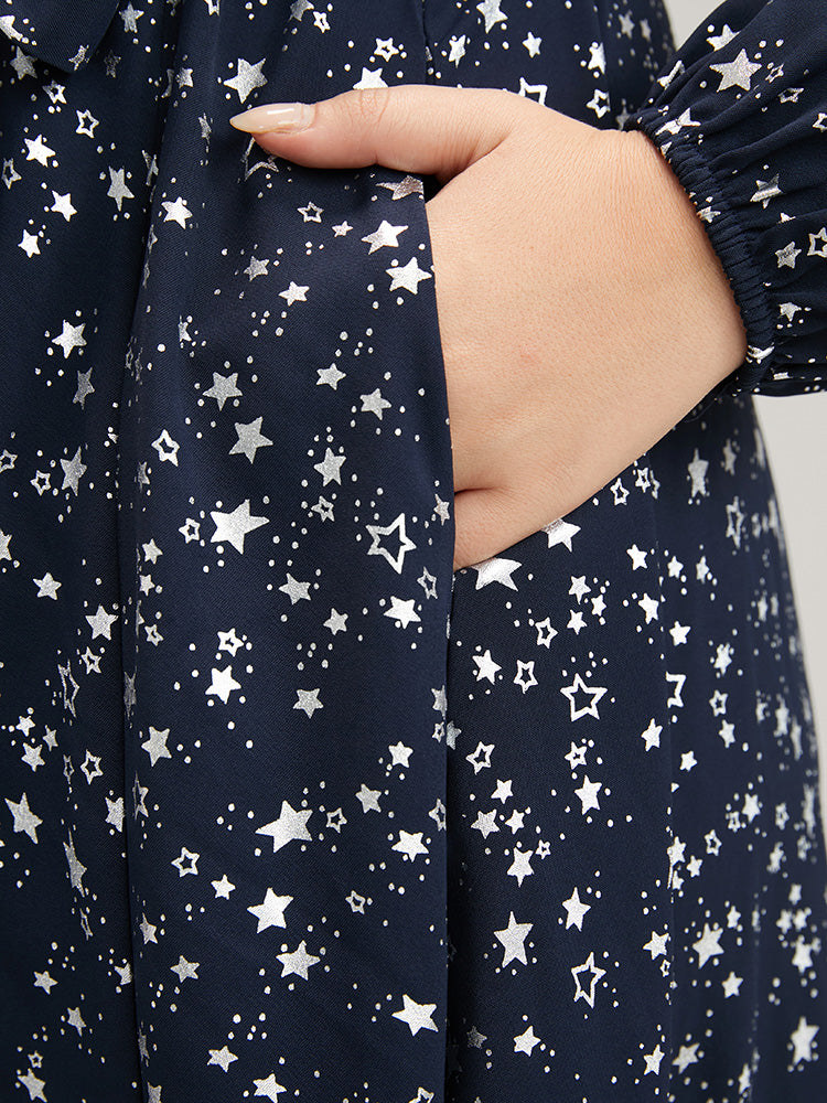 Star Print Pocket High Low Hem Belted Wrap Dress