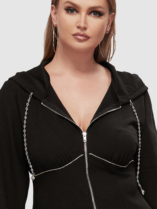 Hooded Zipper Chain Detail Sweatshirt Dress
