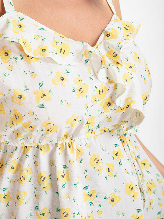 Floral Ruffle Cold Shoulder Drawstring Blouse