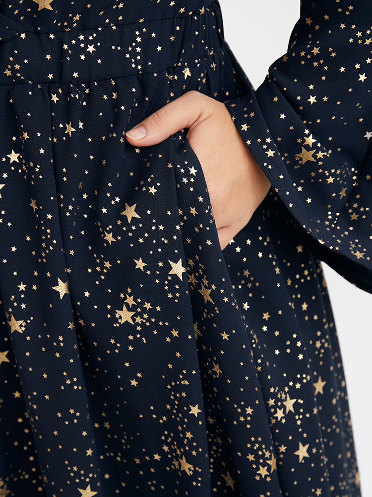 Star Print Pocket Flutter Bell Sleeve Wrap Knee Dress
