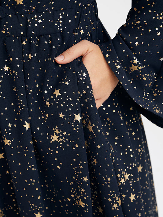 Star Print Pocket Flutter Bell Sleeve Wrap Knee Dress