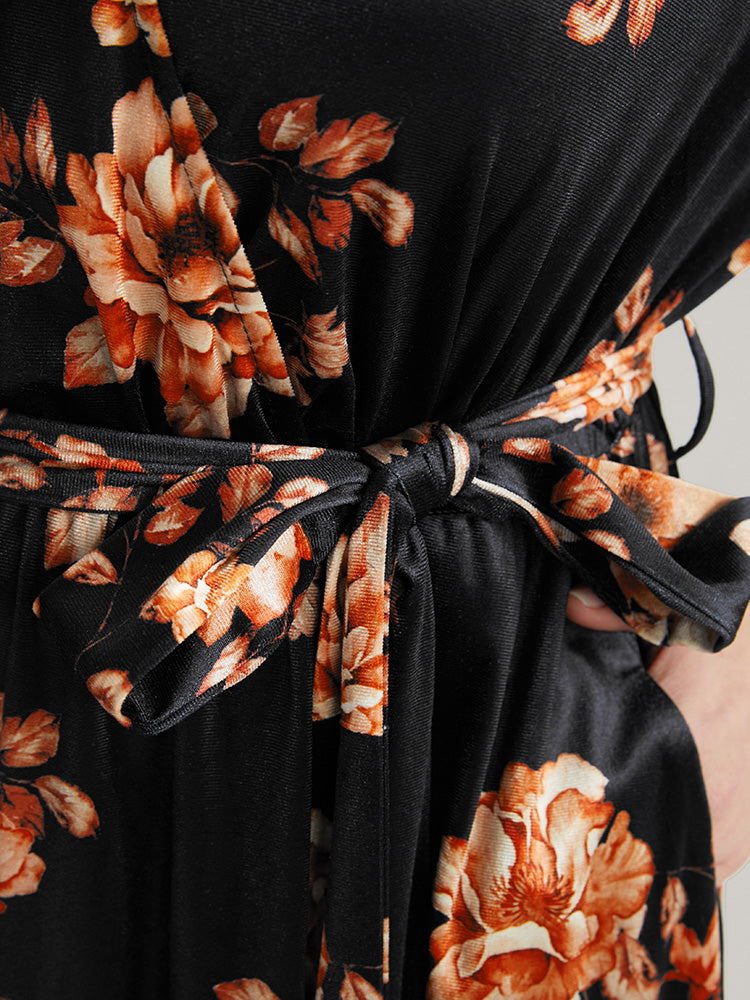 Floral Lantern Sleeve Belted Surplice Neck Velvet Maxi Dress