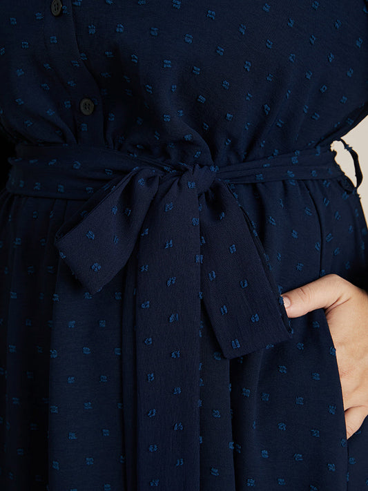 Polka Dot Pocket Belted Button Detail Midi Dress