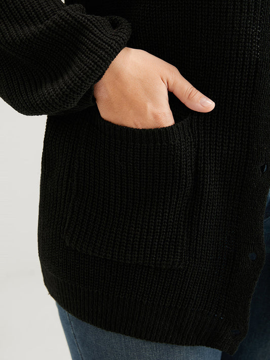 Plain Pointelle Knit Button Front Pocket Contrast Lace Mesh Cardigan