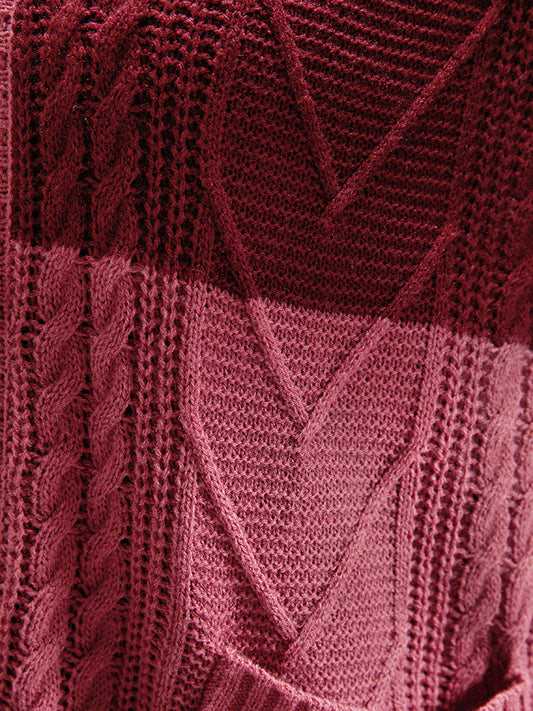 Colorblock Contrast Pointelle Knit Pocket Button Front Cardigan