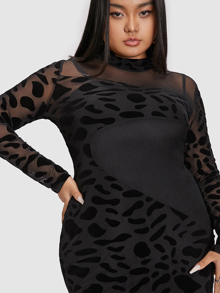 Mock Neck Contrast Mesh Bodycon Dress