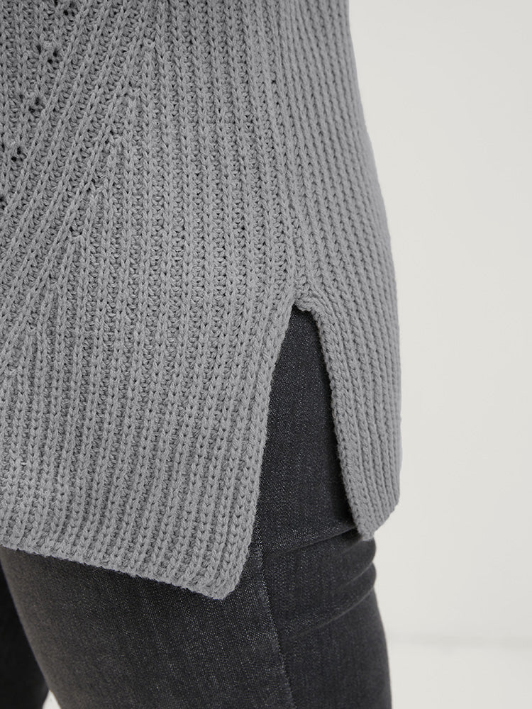 Solid Pointelle Knit Mock Neck Bell Sleeve Split Knit Top