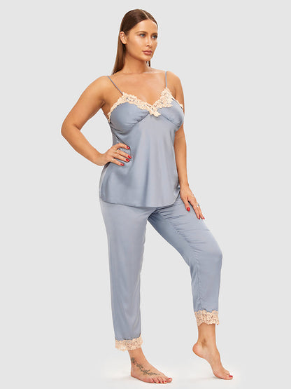 3pcs Satin Lace Trim Cami Pajama Set