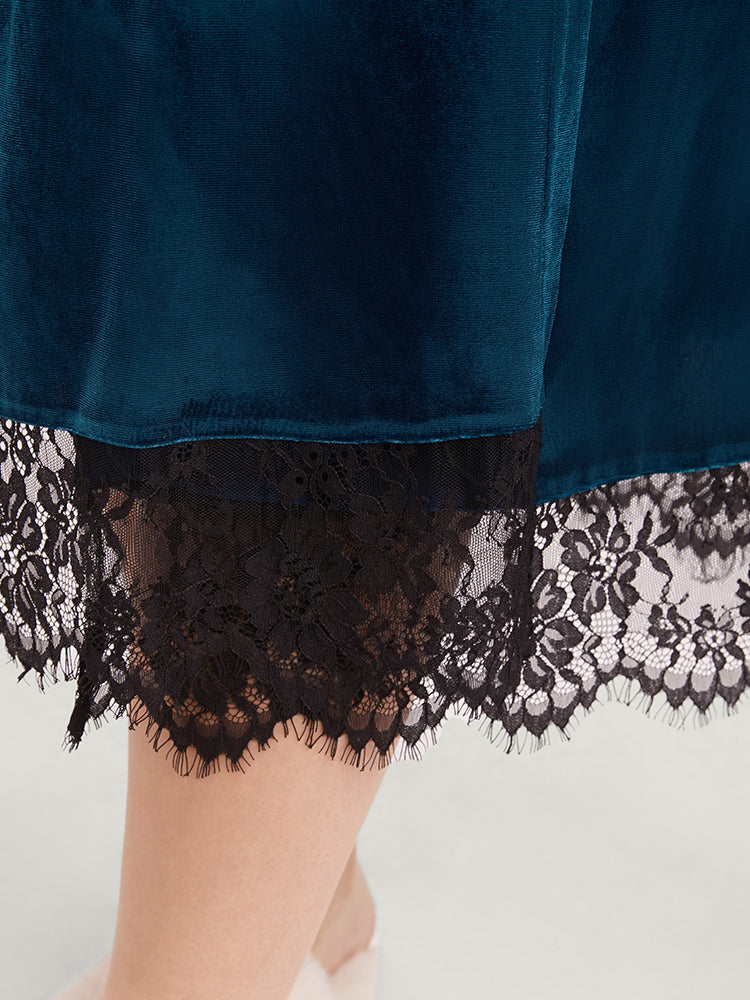 Solid Lace Trim Belted Wrap Velvet Midi Dress