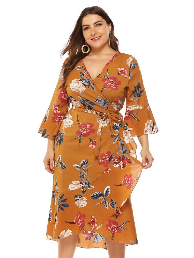 Floral Wrap Ruffle Sleeve Dress