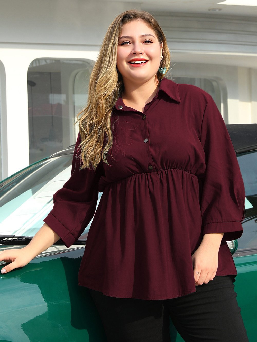 Elastic High Waist Lapel Blouse