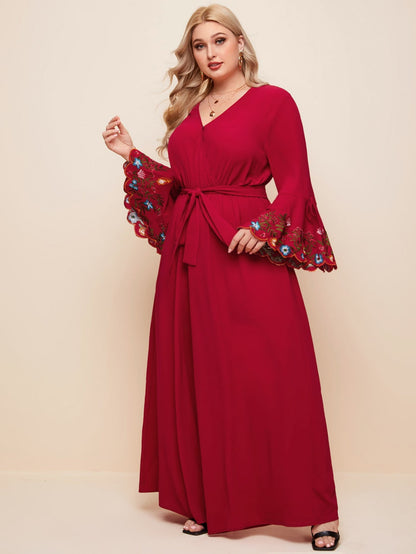 Embroidery Cuff Wide Leg Belted Jumpsuit