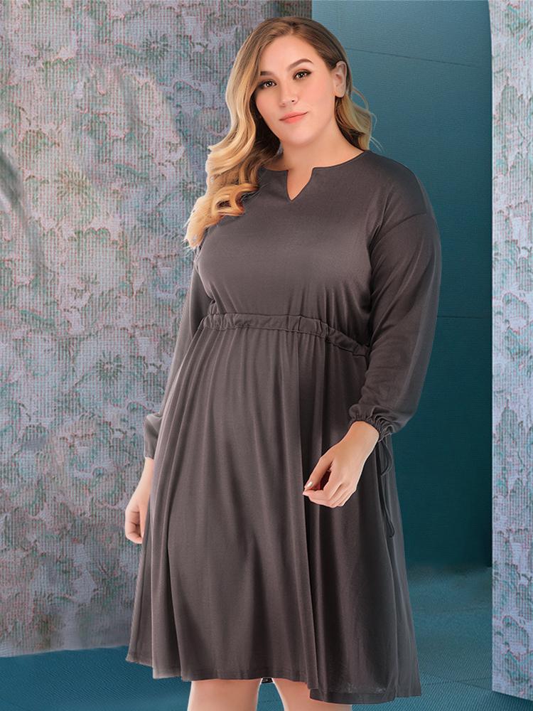 Solid Color V-neck Long Sleeve Midi Dress