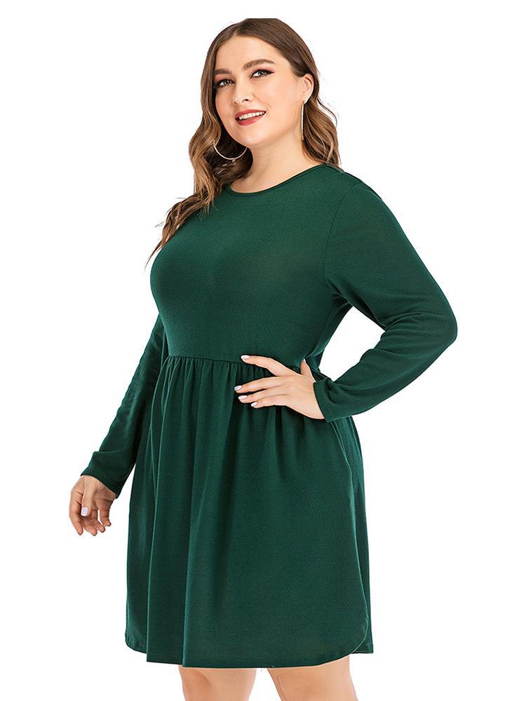 Pleated Round Neck Solid Color Dress